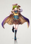  armor bare_shoulders blue_eyes blush boots bow bracelet breastplate brown_eyes brown_hair cape dress dyute_(fire_emblem) fang fire_emblem fire_emblem:_rekka_no_ken fire_emblem_echoes:_mou_hitori_no_eiyuuou fire_emblem_heroes full_body fusion gloves green_hair gzei hairband heterochromia jewelry long_hair looking_at_viewer multicolored_hair nino_(fire_emblem) open_mouth ponytail purple_hairband simple_background skirt smile 