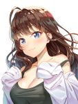  :3 ahoge bangs black_tank_top blue_eyes blush breasts brown_hair cleavage closed_mouth collarbone eyebrows_visible_through_hair ichinose_shiki idolmaster idolmaster_cinderella_girls large_breasts lips long_hair long_sleeves looking_at_viewer off-shoulder_shirt shirt simple_background sleeves_past_fingers sleeves_past_wrists smile solo strap_slip tank_top terumii upper_body wavy_hair white_background white_shirt 