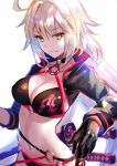  bikini black_bikini black_gloves black_jacket breasts cleavage closed_mouth commentary_request cropped_jacket fate/grand_order fate_(series) fuji_choko gloves grey_hair jacket jeanne_d'arc_(alter_swimsuit_berserker) jeanne_d'arc_(fate)_(all) long_hair o-ring o-ring_bikini o-ring_bottom o-ring_top shrug_(clothing) solo swimsuit very_long_hair white_background yellow_eyes 