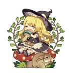  =_= acorn apron bangs black_footwear black_hat black_skirt black_vest blonde_hair blush bow braid branch chibi chipmunk closed_eyes commentary_request fly_agaric food full_body hair_bow hat hat_bow holding holding_food kirisame_marisa lace_trim leaf long_hair misoni_comi mushroom open_mouth petticoat puffy_short_sleeves puffy_sleeves shoes short_sleeves side_braid simple_background single_braid sitting skirt socks solo squirrel touhou vest waist_apron white_background white_bow white_legwear witch_hat 