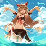  ;d ahoge bare_shoulders bell bell_choker bikini black_bikini black_choker blue_sky bow breasts choker cloud commentary_request day fang hair_bow head_tilt highres jingle_bell light_brown_hair long_hair looking_at_viewer navel ocean one_eye_closed open_mouth outdoors outstretched_arms red_bow red_eyes sarong shadow_alice_(wonderland_wars) sky small_breasts smile solo splashing sue_(bg-bros) swimsuit very_long_hair water wonderland_wars 