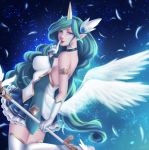  1girl alternate_costume alternate_eye_color alternate_hair_color alternate_hairstyle fluffy_ears gloves green_hair horn league_of_legends lips long_hair solo soraka staff star_guardian_soraka thighhighs very_long_hair white_gloves white_legwear white_wings wings 