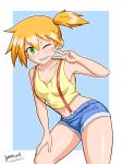  1girl creatures_(company) game_freak kasumi_(pokemon) navel nintendo orange_hair pokemon shorts solo suspenders yensh 