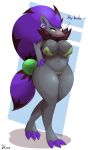  2018 anthro blush bra breasts canine claws clothing dripping female front_view fur green_eyes grey_fur hand_on_hip kinix lactating looking_at_viewer mammal navel nintendo panties piercing pok&eacute;mon pok&eacute;mon_(species) pussy_juice shiny_pok&eacute;mon simple_background solo sweat text underwear video_games wet zoroark 