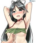  absurdres arched_back areola_slip areolae armpits arms_behind_head bare_shoulders black_hair blue_eyes breasts collarbone colored_eyelashes commentary_request eyebrows_visible_through_hair hair_between_eyes hair_ribbon halterneck high_ponytail highres kantai_collection katsuragi_(kantai_collection) kiritto long_hair looking_at_viewer muneate naked_armor open_mouth ponytail ribbon sexual_harassment simple_background small_breasts solo stomach twitter_username upper_body white_background 