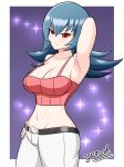  arm_up armpits bangs bare_arms bare_shoulders belt belt_buckle big_hair black_belt blue_hair border breasts buckle cleavage closed_mouth collarbone commentary_request cowboy_shot crop_top curvy eyelashes groin gym_leader hand_on_hip large_breasts light_smile long_hair looking_at_viewer lowleg lowleg_pants narrow_waist natsume_(pokemon) navel no_bra outside_border pants pokemon pokemon_(game) pokemon_hgss red_eyes signature solo spaghetti_strap sparkle standing stomach strap_gap white_border white_pants yensh 