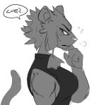  2018 4_fingers anthro black_and_white breasts clairen_(rivals_of_aether) clothing cute dialogue digital_media_(artwork) feline female fur mammal monochrome paperclip_(artist) rivals_of_aether sketch solo video_games 