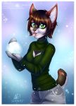  anthro breasts brown_hair canid canine cleavage cleavage_cutout clothed clothing female green_eyes hair holding_object keyhole_turtleneck mammal mittens snow snowball solapi_(artist) solo sweater tongue tongue_out winter 