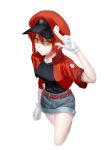  ae-3803 belt black_shirt breasts cabbie_hat cowboy_shot denim denim_shorts gloves hat hataraku_saibou highres jacket kreisee looking_at_viewer medium_breasts name_tag red_blood_cell_(hataraku_saibou) red_hair red_jacket salute shirt short_hair short_shorts short_sleeves shorts simple_background smile solo t-shirt two-finger_salute white_background white_gloves yellow_eyes 