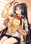  ara_han berg black_hair blush bow breasts cleavage elsword groping licking_lips long_hair phone sitting sitting_on_lap sitting_on_person taking_picture tongue tongue_out uniform yellow_eyes 