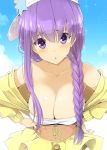  :o bare_shoulders bb_(fate)_(all) bb_(swimsuit_mooncancer)_(fate) bikini braid breasts cleavage commentary_request day eyebrows_visible_through_hair fate/grand_order fate_(series) hand_on_hip hanging_breasts hat kurikara large_breasts lavender_eyes lavender_hair leaning_forward long_hair looking_at_viewer off_shoulder side_braid sky solo swimsuit upper_body very_long_hair white_bikini_top 