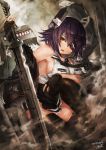  black_gloves black_legwear blush breasts checkered checkered_neckwear dated eyepatch gloves hair_between_eyes headgear highres holding holding_weapon kantai_collection large_breasts long_sleeves looking_at_viewer necktie open_mouth partly_fingerless_gloves purple_hair remodel_(kantai_collection) shirt short_hair signature skirt sleeveless sleeveless_shirt solo sword tenryuu_(kantai_collection) thighhighs toka_(marchlizard) torn_clothes torn_skirt weapon white_shirt winter_clothes yellow_eyes 