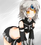  bent_over blush closed_mouth detached_sleeves elsword eve_(elsword) facial_mark forehead_jewel morumoru00 short_hair silver_hair simple_background smile yellow_eyes 