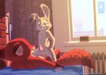  anthro balls bed black_nose canine chicobo clock crossgender disney duo erection fox fur grey_fur half-closed_eyes humanoid_penis implied_anal judy_hopps lagomorph male male/male mammal morning navel nick_wilde nude on_bed open_mouth orange_fur penis pink_nose rabbit size_difference tan_fur teeth whiskers zootopia 