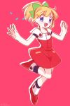  1girl bangs blonde_hair blue_eyes bow clenched_hand eyebrows_visible_through_hair full_body green_bow hair_bow high_ponytail hooded_dress jumping leg_up open_mouth ponytail red_footwear rockman rockman_(classic) rockman_11 roll shoes simple_background smile solo umeashida 