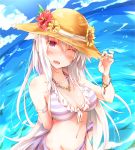  ;d bangs bare_shoulders bikini blue_sky blush bracelet cloud commentary_request day eyebrows_visible_through_hair fang flower front-tie_bikini front-tie_top hair_between_eyes hand_on_headwear hand_up hat hat_flower head_tilt horizon jewelry long_hair looking_at_viewer navel necklace ocean one_eye_closed open_mouth original outdoors purple_sarong red_eyes red_flower rinrin_(927413) sarong silver_hair sky smile solo straw_hat striped striped_bikini swimsuit very_long_hair water yellow_flower 