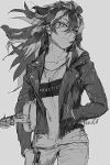  alternate_costume alternate_universe blackbird carciphona commentary denim english eyebrows_visible_through_hair eyes_visible_through_hair instrument jacket jeans long_hair looking_at_viewer monochrome multicolored_hair pants shilin shirt sketch solo two-tone_hair violin 
