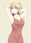  absurdres alternate_hairstyle armpits arms_behind_head bangs blonde_hair blue_eyes breasts brown_background cleavage commentary darjeeling dress earrings eyebrows_visible_through_hair formal girls_und_panzer hair_down hands_in_hair highres jewelry long_hair looking_at_viewer mature medium_breasts necklace older open_mouth red_dress simple_background smile solo spaghetti_strap standing upper_body zol_(rambling7) 