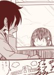  chin_rest commentary evil_smile hair_ornament hairclip hidden_face kuroki_tomoko monochrome multiple_girls peeking satou_yuuki satozaki_kiko school school_uniform sketch smile translated watashi_ga_motenai_no_wa_dou_kangaetemo_omaera_ga_warui! window 