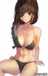  alternate_costume arm_support artist_name bangs bare_shoulders bikini blonde_hair braid breasts brown_hair cleavage closed_mouth collarbone commentary eyebrows_visible_through_hair eyepatch girls_frontline highres large_breasts long_hair looking_at_viewer m16a1_(girls_frontline) mole mole_under_eye multicolored_hair navel scar scar_across_eye sidelocks simple_background single_braid sitting smile solo stomach streaked_hair swimsuit white_background xanax025 
