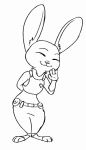  2018 animated anthro belt black_and_white bulletproof_vest clothed clothing disney eyes_closed female hand_behind_back judy_hopps lagomorph mammal monochrome police_uniform rabbit simple_background smile solo standing tggeko uniform utility_belt waving white_background zootopia 