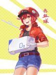  ae-3803 ahoge belt black_shirt box breasts cabbie_hat carrying character_name checkered checkered_background collarbone cowboy_shot denim denim_shorts deviantart_username gloves hat hataraku_saibou jacket kyouran_de_onikoushi looking_at_viewer name_tag open_mouth orange_eyes red_blood_cell_(hataraku_saibou) red_hair red_jacket shirt short_hair short_shorts shorts signature small_breasts smile solo t-shirt white_gloves 