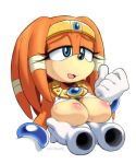  anthro areola black_nose blue_eyes bracelet breasts clothed clothing coolblue crown echidna female fur gloves gold_(metal) gold_jewelry holding_breast jewelry mammal monotreme necklace nipples open_mouth orange_fur solo solo_focus sonic_(series) sweat tiara tikal_the_echidna wraps 