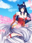  ahri animal_ear_fluff animal_ears bare_shoulders black_hair breasts cleavage closed_mouth commentary eyebrows_visible_through_hair fox_ears gold_trim heart highres league_of_legends long_hair looking_at_viewer medium_breasts mimi_(akanefutaba) nail_polish red_nails slit_pupils smile solo upper_body whisker_markings yellow_eyes 