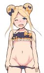  ;d abigail_williams_(fate/grand_order) absurdres bangs bare_arms bare_shoulders bikini bikini_pull black_bikini black_bow blonde_hair blue_eyes blush bow collarbone commentary_request cowboy_shot double_bun emerald_float eyebrows_visible_through_hair fate/grand_order fate_(series) groin hair_bow head_tilt highres long_hair looking_at_viewer mitchi navel nose_blush one_eye_closed open_mouth orange_bow parted_bangs pulled_by_self pussy round_teeth side_bun smile solo swimsuit teeth upper_teeth very_long_hair 