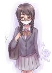  aosora_(mizore) bag black_bag bow braid brown_eyes brown_hair cardigan carrying_bag glasses hair_over_shoulder long_hair mask orange_bow original school_uniform skirt solo surgical_mask twin_braids 