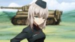  black_hat black_jacket blue_eyes blue_sky blurry blurry_background closed_mouth cloud cloudy_sky commentary cwind day depth_of_field dress_shirt eyebrows_visible_through_hair frown garrison_cap girls_und_panzer ground_vehicle hat highres itsumi_erika jacket kuromorimine_military_uniform long_hair long_sleeves looking_at_viewer military military_hat military_uniform military_vehicle motor_vehicle outdoors red_shirt shirt silver_hair sky solo standing tank tiger_ii tsurime uniform upper_body 