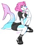  2018 5_fingers anthro clothed clothing digital_media_(artwork) female fish footwear hair kaitycuddle looking_at_viewer marine pink_eyes pink_hair shark simple_background solo white_background 