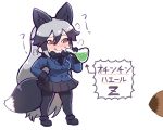  animal_ears bangs black_footwear black_gloves black_legwear black_neckwear black_skirt blue_jacket blush bow bowtie breasts closed_mouth commentary_request erlenmeyer_flask eyebrows_visible_through_hair ezo_red_fox_(kemono_friends) flask fox_ears fox_tail fur_trim gloves hair_between_eyes jacket kemono_friends large_breasts long_hair long_sleeves multicolored_hair necktie orange_eyes pantyhose pleated_skirt potion silver_fox_(kemono_friends) silver_hair simple_background skirt smile solo_focus standing tail tanaka_kusao tongue tongue_out translated very_long_hair white_background 