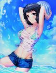  arms_behind_head arms_up ball beach beachball bikini bikini_under_clothes black_hair blue_sky breasts cleavage commentary_request day highres kawakami_sadayo light_blush looking_at_viewer medium_hair navel ocean persona persona_5 see-through shirt short_shorts shorts sky sleeveless smile solo stomach striped striped_bikini swimsuit tank_top wading water water_drop wet wet_clothes wet_shirt yaoto 