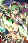  :d blue_eyes breasts copyright_name fingerless_gloves gloves grand_sphere green_hair hair_between_eyes hat highres holding holding_weapon long_hair looking_at_viewer medium_breasts midriff navel official_art open_mouth outdoors samuraig sidelocks smile standing thighhighs watermark weapon white_hat 