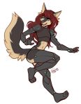  2018 5_fingers anthro blue_eyes bodysuit canine clothed clothing cybernetics digital_media_(artwork) dog female hair kaitycuddle machine mammal red_hair simple_background skinsuit solo tight_clothing 