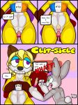  2019 anthro canid canine clothing comic digital_media_(artwork) female fennec fionthebunny fox hair lagomorph male mammal open_mouth pubes pussy rabbit sex_toy simple_background smile teeth thick_thighs 