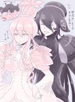  1girl :d aculeatus black_hair breasts brother_and_sister closed_eyes hair_bun houseki_no_kuni monster_boy monster_girl nao_(necomugi) octopus open_mouth pink_eyes pink_hair siblings slug smile snail ventricosus 