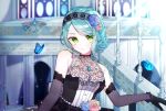  aqua_hair bang_dream! bangs bare_shoulders black_dress black_gloves blue_flower blue_rose blush breasts bug butterfly closed_mouth commentary damaged detached_sleeves dress eyebrows_visible_through_hair floral_print flower gloves green_eyes head_tilt highres hikawa_sayo insect jewelry long_sleeves looking_at_viewer necklace patzzi pearl_necklace pendant pink_flower pink_rose rose rose_print see-through sleeveless sleeveless_dress small_breasts solo sparkle swept_bangs 