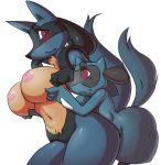  2018 anthro big_breasts blue_fur blush breast_grab breast_size_difference breasts canine duo female female/female fur grabbing_from_behind hand_on_breast hi_res looking_back lucario mammal mcfli navel nintendo nipples pok&eacute;mon pok&eacute;mon_(species) red_eyes riolu side_boob side_view simple_background size_difference small_breasts smile spikes sweat sweatdrop video_games white_background 