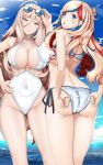  absurdres adjusting_clothes adjusting_swimsuit alternate_costume ass ass_visible_through_thighs bare_shoulders bikini blonde_hair blue_eyes blue_sky blush breasts chiyo_goya cleavage cloud collarbone commandant_teste_(kantai_collection) covered_navel criss-cross_halter day from_behind halterneck hand_under_clothes highres kantai_collection large_breasts long_hair looking_at_viewer mole mole_under_eye mole_under_mouth multicolored_hair multiple_girls navel o-ring o-ring_bikini o-ring_top one-piece_swimsuit outdoors richelieu_(kantai_collection) side-tie_bikini sky sunglasses swimsuit thighs upper_body white_bikini white_swimsuit 