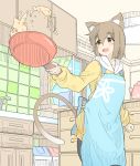  animal_ear_fluff animal_ears apron brown_eyes brown_hair cat_ears cooking flipping_food food fried_rice frying_pan highres holding hood hoodie indoors kitchen minato_nao open_mouth original solo tail 