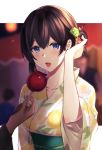  bangs black_hair blue_eyes blush breasts candy_apple collarbone commentary_request feeding floral_print food haikimono_shounen hair_between_eyes idolmaster idolmaster_cinderella_girls idolmaster_cinderella_girls_starlight_stage japanese_clothes kimono long_hair looking_at_viewer obi open_mouth out_of_frame sagisawa_fumika sash solo_focus tied_hair white_kimono wide_sleeves 