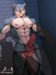  acah_orange anthro balls blush brick_wall canine clothing erection exposed hi_res male mammal mostly_nude muscular muscular_male nipples pecs penis shadow solo solo_focus underwear unseen_character wolf 