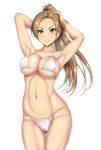 armpits arms_behind_head arms_up bangs bare_shoulders bikini blush bracelet breasts brown_eyes brown_hair cameltoe cleavage collarbone commentary_request earrings grin hips idolmaster idolmaster_cinderella_girls jewelry large_breasts long_hair looking_at_viewer matsunaga_ryou navel otone parted_bangs ponytail simple_background smile solo swimsuit thighs white_background white_bikini 