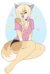  2018 anthro barefoot blonde_hair canine clothed clothing digital_media_(artwork) dog ei-ka female hair mammal purple_nose simple_background sitting solo 