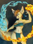  2018 anthro bandeau big_breasts blue_eyes breasts brown_hair canine clothed clothing digital_media_(artwork) female fennec fire fox fur hair inkmaven loincloth looking_at_viewer mammal midriff navel smile solo standing tan_fur 