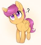  2018 ? blush curious cute cutie_mark equine eyelashes feathered_wings feathers female feral friendship_is_magic hair head_tilt higglytownhero hooves mammal my_little_pony nude orange_feathers pegasus portrait purple_eyes purple_hair scootaloo_(mlp) short_hair simple_background smile solo standing tan_background wings 