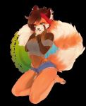  009w anklet anthro bandanna beads black_background bracelet breasts brown_fur brown_hair clothing crop_top ear_piercing fearzy_(character) female fur furgonomics green_eyes hair jewelry mammal navel orange_fur panties piercing red_panda shirt shorts simple_background smile solo tongue tongue_out underwear white_fur 