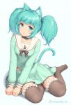  :3 animal_ear_fluff animal_ears animal_print aqua_background aqua_eyes aqua_hair aqua_serafuku aqua_shirt aqua_skirt blush bow brown_legwear cat_ears cat_girl cat_print cat_tail choker closed_mouth collarbone commentary eyebrows_visible_through_hair frilled_legwear looking_at_viewer no_shoes original sailor_collar sasaame shirt simple_background single_horizontal_stripe sitting skirt solo tail tail_raised thighhighs twintails twitter_username white_sailor_collar yokozuwari 